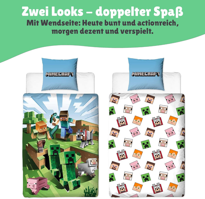 Character World Wende Bettwäsche-Set Minecraft, 135x200cm + 80x80cm, 100% Baumwolle, grün Motiv Craf