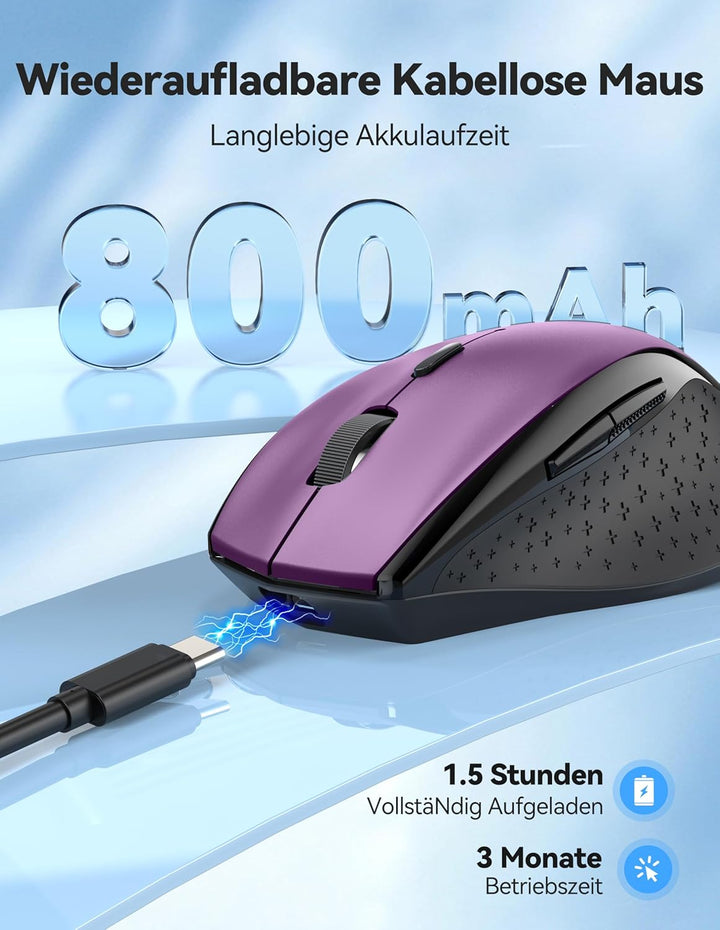TECKNET PRO Kabellose Maus Wiederaufladbar, Silent Funkmaus 6400 DPI, 2,4 GHz Computermaus, Ergonomi