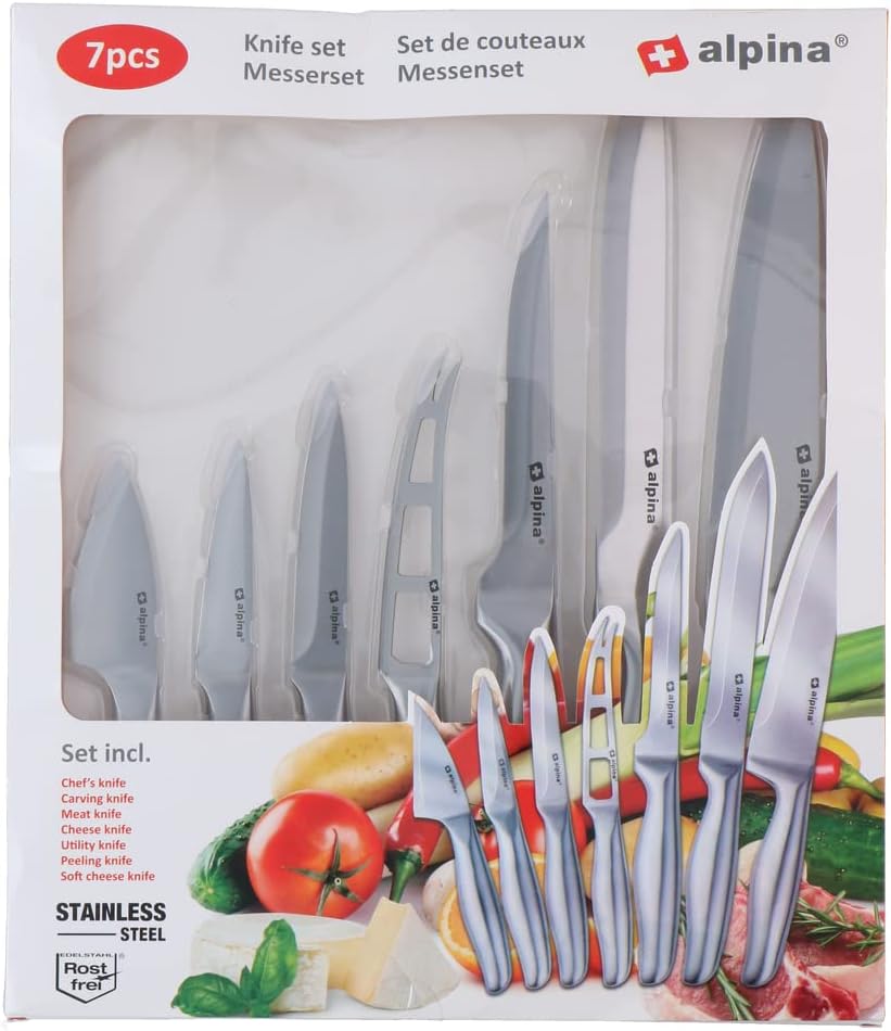 alpina Messerset - 7-teilig - Kochmesser/Tranchiermesser/Tranchiermesser/Käsemesser/Stanleymesser/Sc