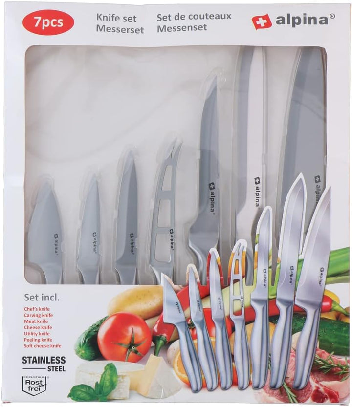 alpina Messerset - 7-teilig - Kochmesser/Tranchiermesser/Tranchiermesser/Käsemesser/Stanleymesser/Sc