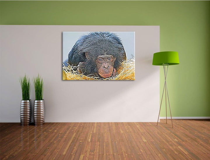 kleiner Schimpanse im Heu Deluxe Format: 100x70 cm auf Leinwand, XXL riesige Bilder fertig gerahmt m