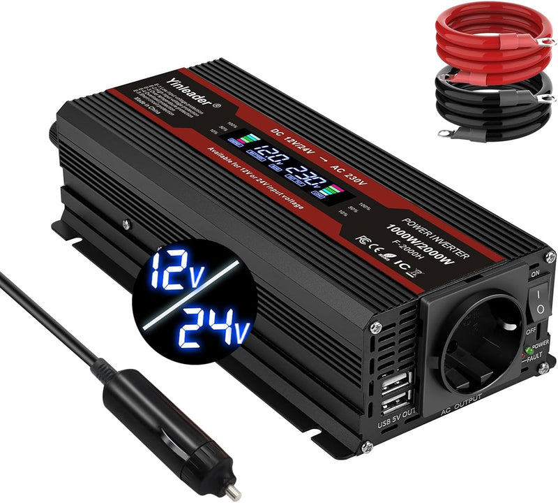 Yinleader Modifizierter Sinus Wechselrichter 12V/24V auf 230V Spannungswandler 1000W / 2000W LCD-Dis