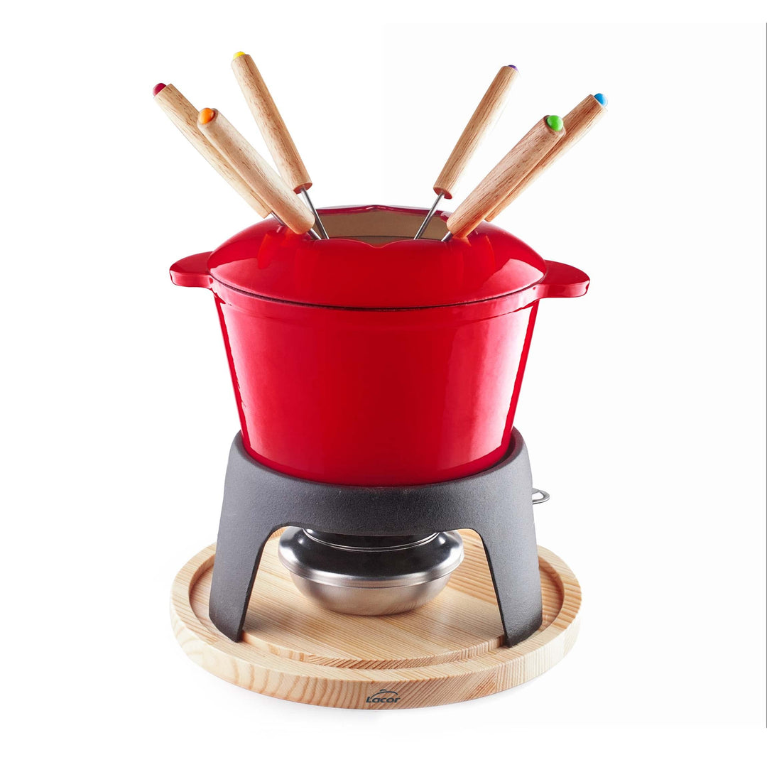 Lacor - 71711 - Fondue-Set aus emailliertem Eisen, Eisenständer mit Holzsockel, induktionsgeeignet,