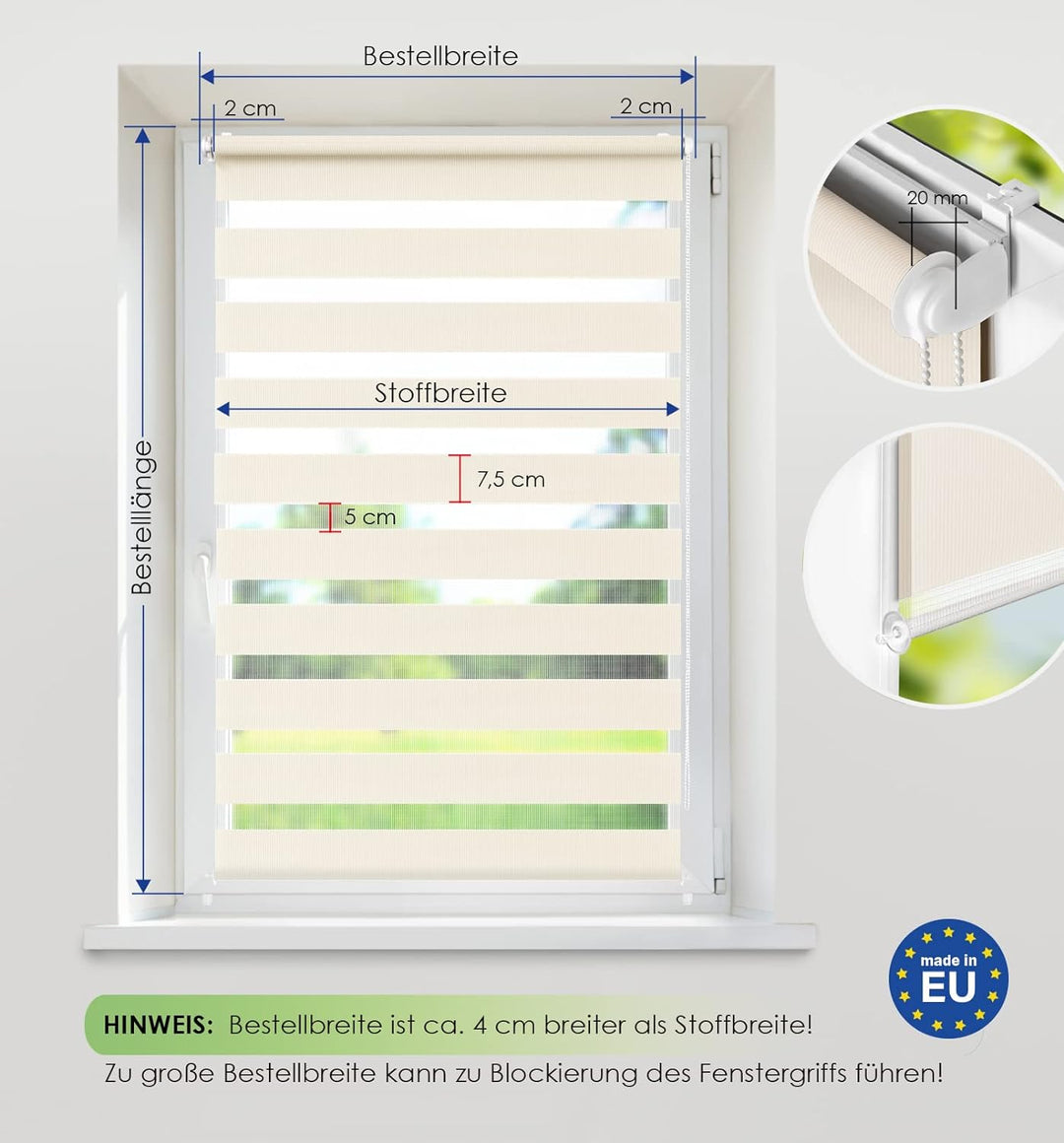 Rikmani Doppelrollo Fensterrollo ARD Duo-Rollo Klemmfixierung Zebrarollo Seitenzugrollo ohne Bohren,