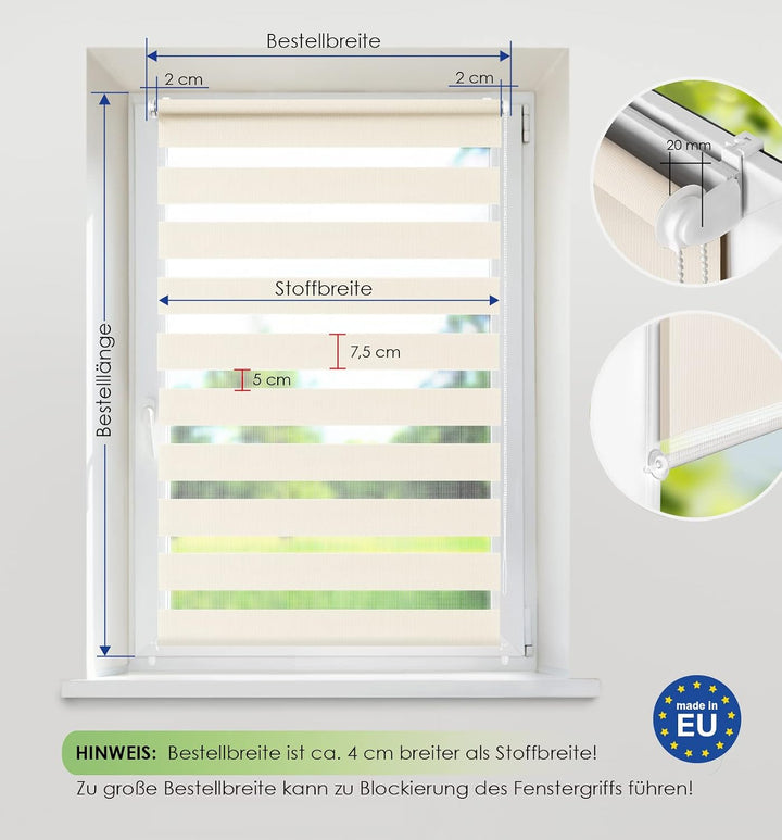 Rikmani Doppelrollo Fensterrollo ARD Duo-Rollo Klemmfixierung Zebrarollo Seitenzugrollo ohne Bohren,