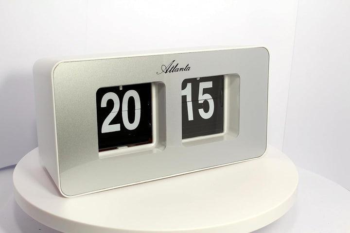 Atlanta Moderne Tischuhr Quarz mit Retro Flip Klapp Anzeige - 4464/19 (Weiss/Silber), Weiß/Silb