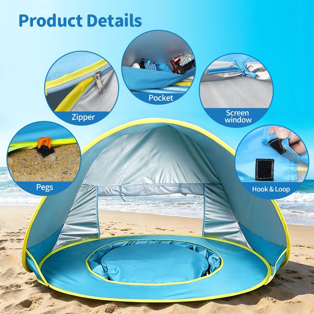 Strandmuschel Pop Up, Strandmuschel Baby UV Schutz 50, Sonnenschutz Strand mit Mini Pool, Baby Stran