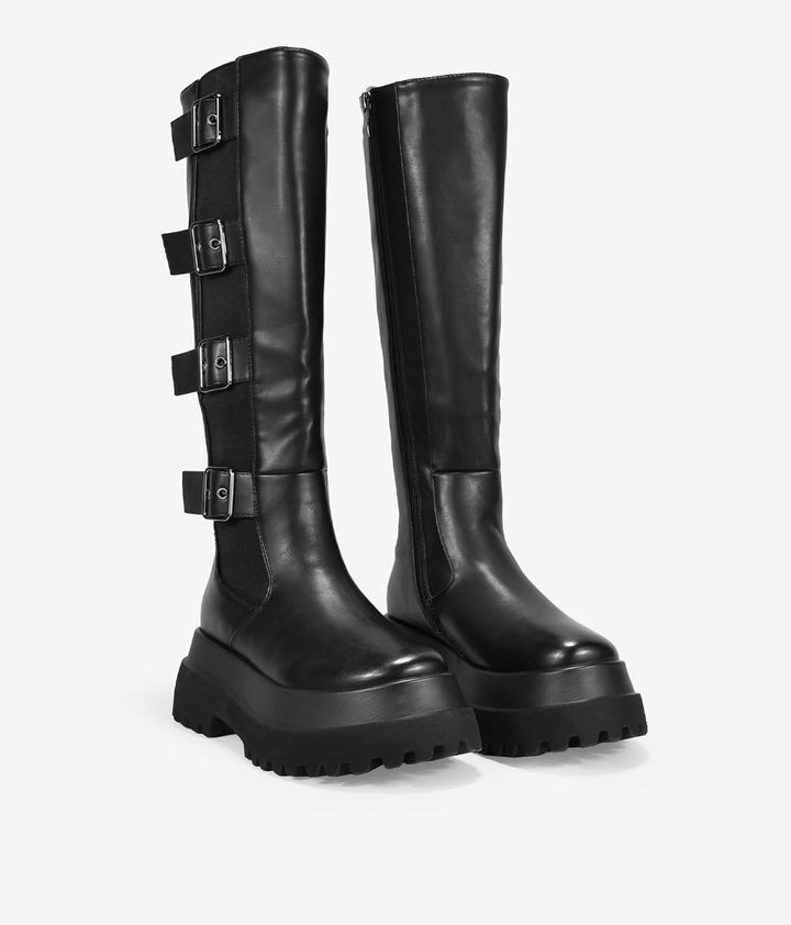 BOSANOVA Schwarze Damen-Stiefel mit seitlichem Gummizug, Riemen mit verstellbaren Schnallen und 6,5