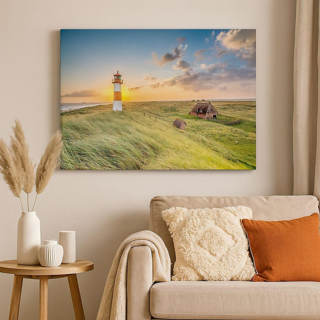 Bilder auf Leinwand Leuchtturm Meer Leinwandbild mit Rahmen 70x50cm Wandbilder Dekoration Wohnzimmer