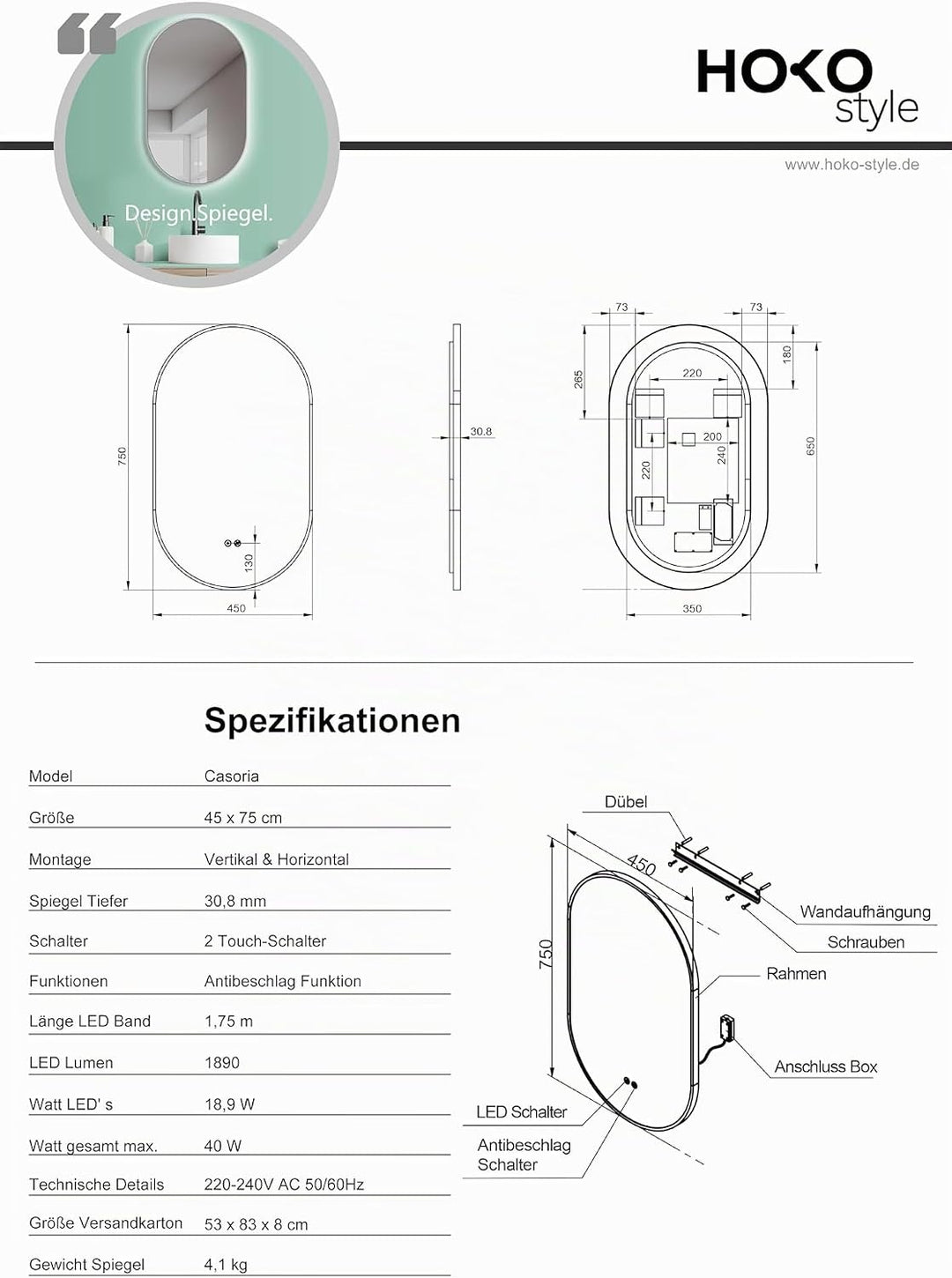 HOKO Design LED Anti-Fog Spiegel oval 45x75 cm / 75x45 cm Casoria+ Metall Rahmen Weiss. HOCH+QUER Mo