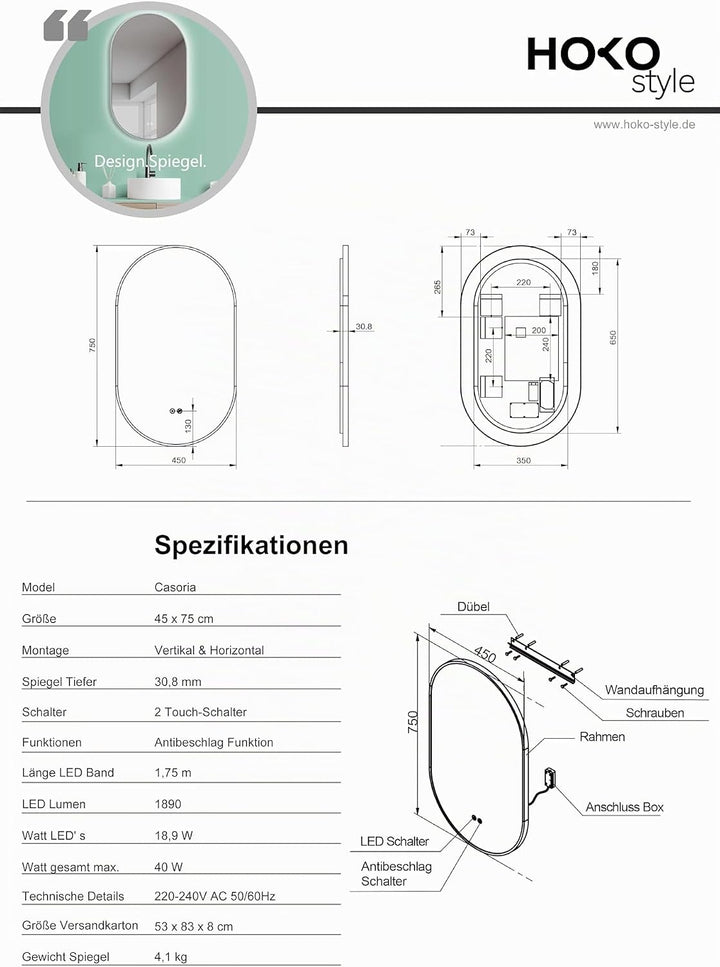 HOKO Design LED Anti-Fog Spiegel oval 45x75 cm / 75x45 cm Casoria+ Metall Rahmen Weiss. HOCH+QUER Mo