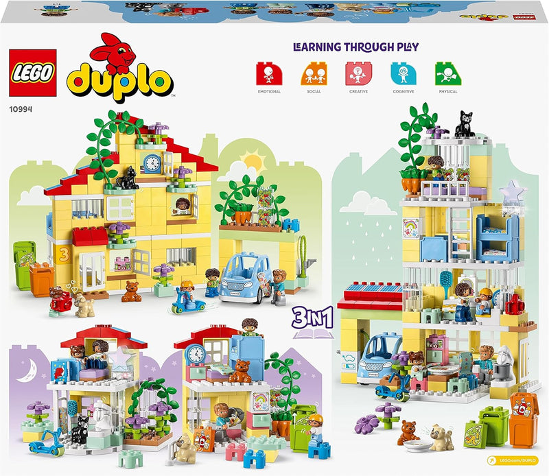 LEGO DUPLO 3-in-1-Familienhaus, Puppenhaus aus Bausteinen mit Push&Go Auto, 5 Figuren, 2 Tieren und