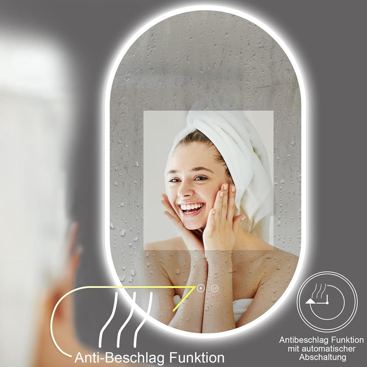 90x50 cm Badspiegel mit Beleuchtung Oval mit Antibeschlag, Badezimmer Spiegel mit LED, Wandspiegel L