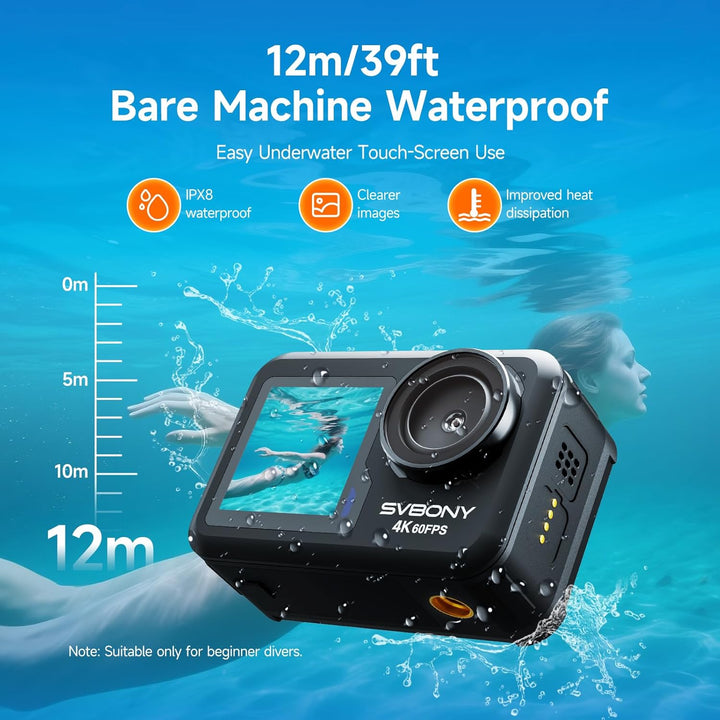 SVBONY 4K 60FPS Unterwasserkamera, EIS2.0 Stabilisierung, Wasserdicht bis 12 Meter ohne Gehäuse, Spr