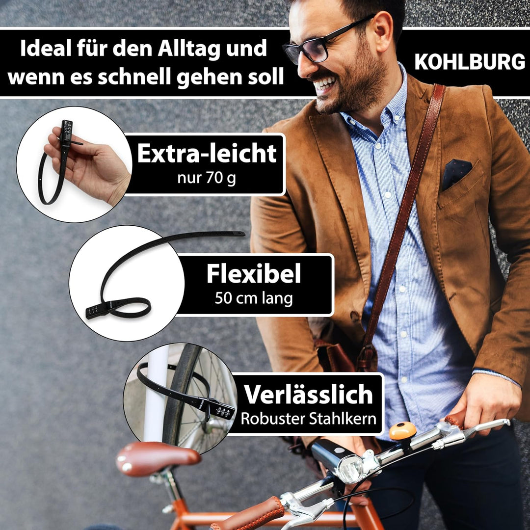 KOHLBURG extrem leichtes Zahlenschloss - 70g leicht mit Zahlencode - 50cm Fahrradschloss klein und s