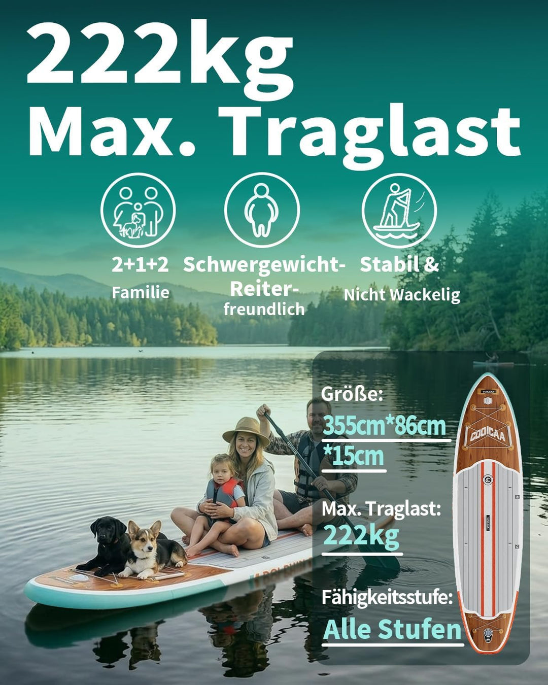 COOLCAA SUP Board, 355cm (Extra Gross) Stand Up Paddling Board, Aufblasbares Stand-Up Paddle Board m
