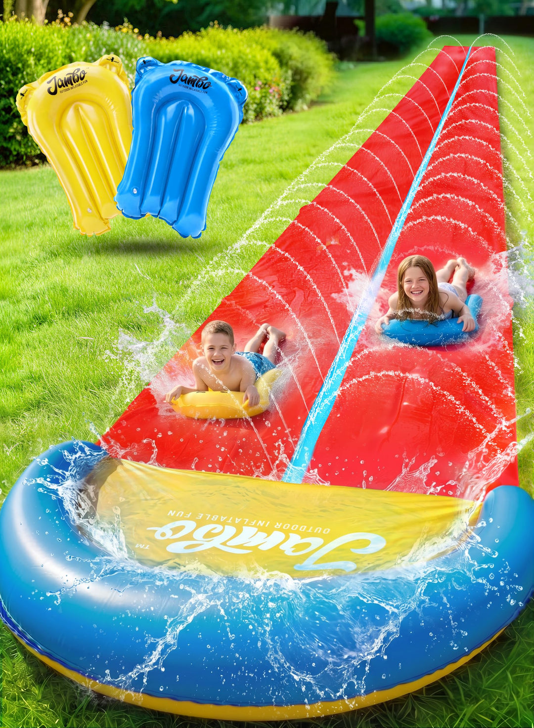 Jambo Extra Lange Rutsch- und Wasserrutsche mit 2 Bodyboards, robuste doppelte Wasserrutschbahn mit