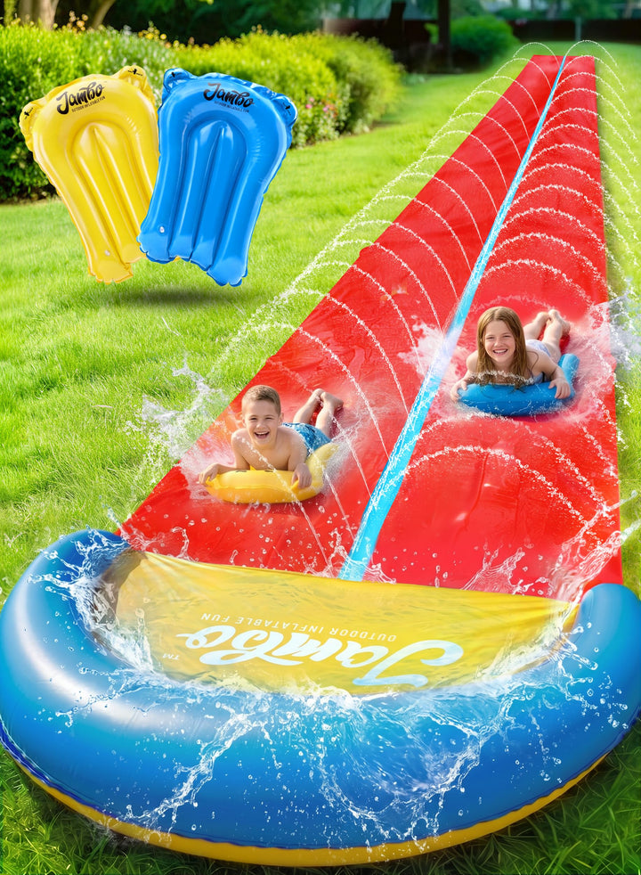 Jambo Extra Lange Rutsch- und Wasserrutsche mit 2 Bodyboards, robuste doppelte Wasserrutschbahn mit