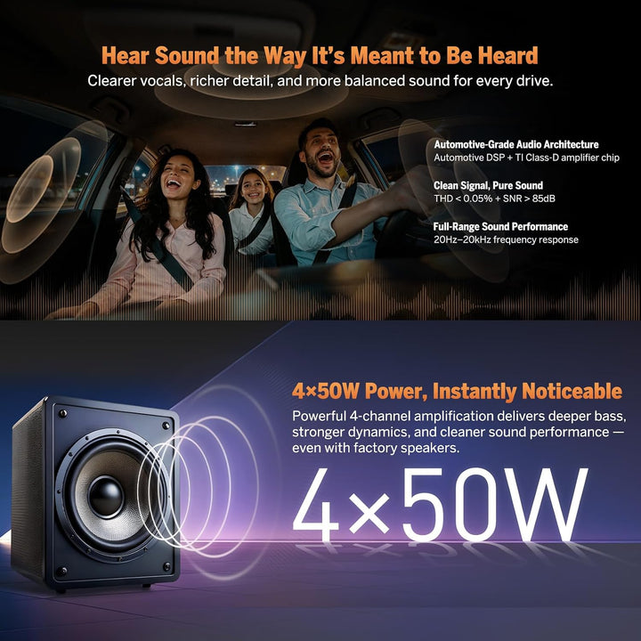 Eonon DSP-Digitalverstärkerbox, 4CH×50W Ausgang, EQ-Modus, Bluetooth Netzstecker für Autoradio A304