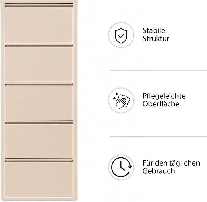 Schuhschrank Schmal, 5 Regale, Metall Schuhkipper mit Magnet-Klappen, Freistehend oder Wandmontage,