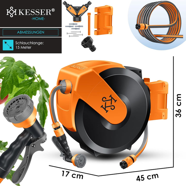 KESSER® Schlauchtrommel mit Gartenschlauch 15m | Wasserschlauchtrommel zur Wandmontage | Wandhalteru
