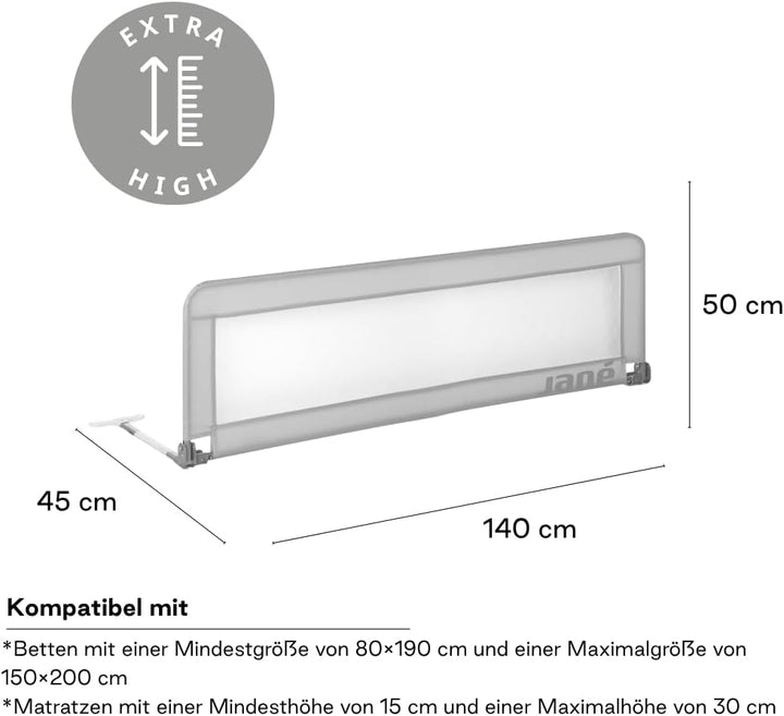 Jané - Klappbares Bettgitter, Länge 140 cm, Transporttasche, extra hoch 140 cm Grau, 140 cm Grau