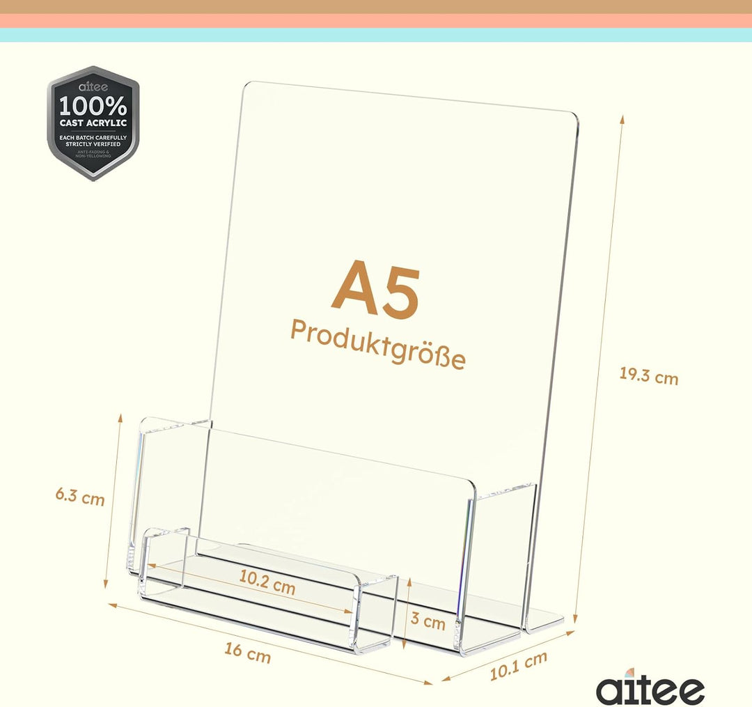 AITEE DIN A5 Tisch-Prospektständer: 2 Stück Acryl Transparenter Flyerständer mit Visitenkartenhalter