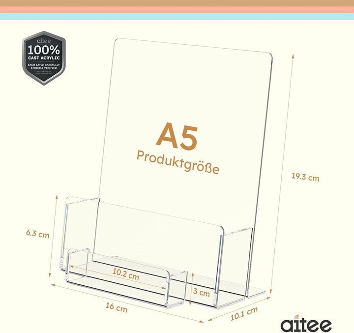 AITEE DIN A5 Tisch-Prospektständer: 2 Stück Acryl Transparenter Flyerständer mit Visitenkartenhalter