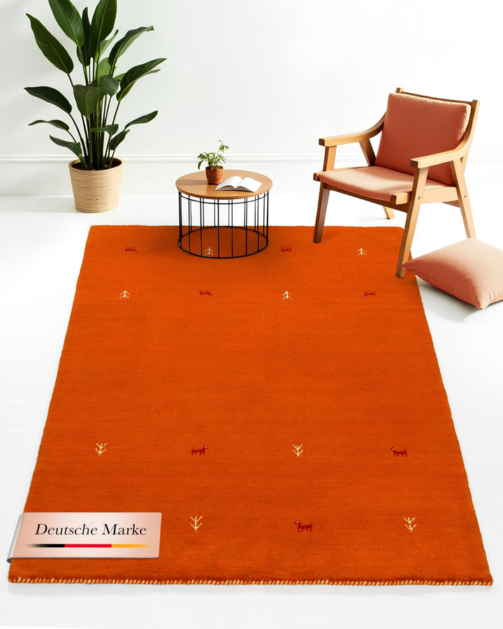 carpetfine Wollteppich Gabbeh Uni Orange 60x90 cm | Moderner Teppich für Wohn- und Schlafzimmer 60x9