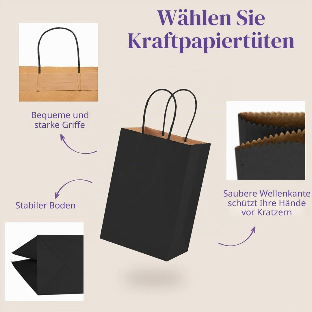 Switory 50 Stück Papiertüten Geschenktüten Schwarz, Kraft Papiertüte mit Henkel zum Party, Geburtsta
