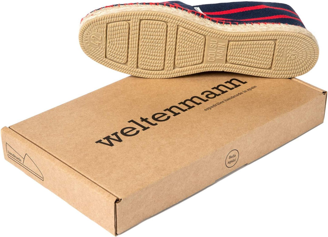 WELTENMANN gestreifte Herren Slip-on Espadrilles aus Baumwolle mit Schuhbeutel, 41-46, Handmade in S