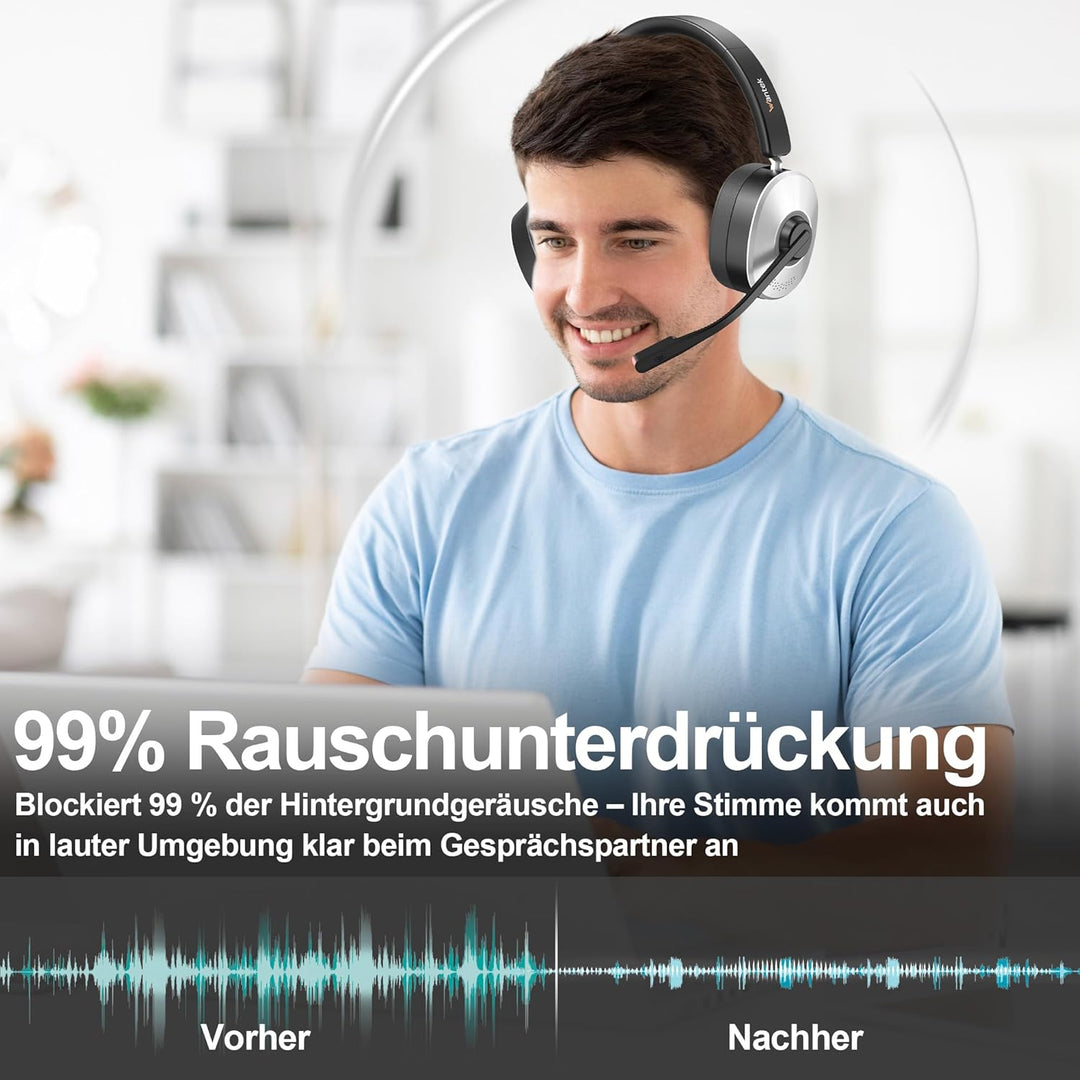 Wantek Bluetooth Headset mit Mikrofon für PC,Kabelloses Headset mit USB-Dongle, Noise Cancelling Mik