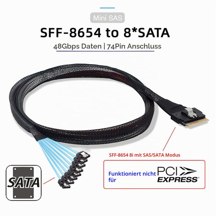 NFHK SlimSAS Host/RAID-zu-SATA-Zielkabel, Slim SAS 4.0 SFF-8654 8i 74Pin 1 zu 8 SATA 7Pin Raid Contr