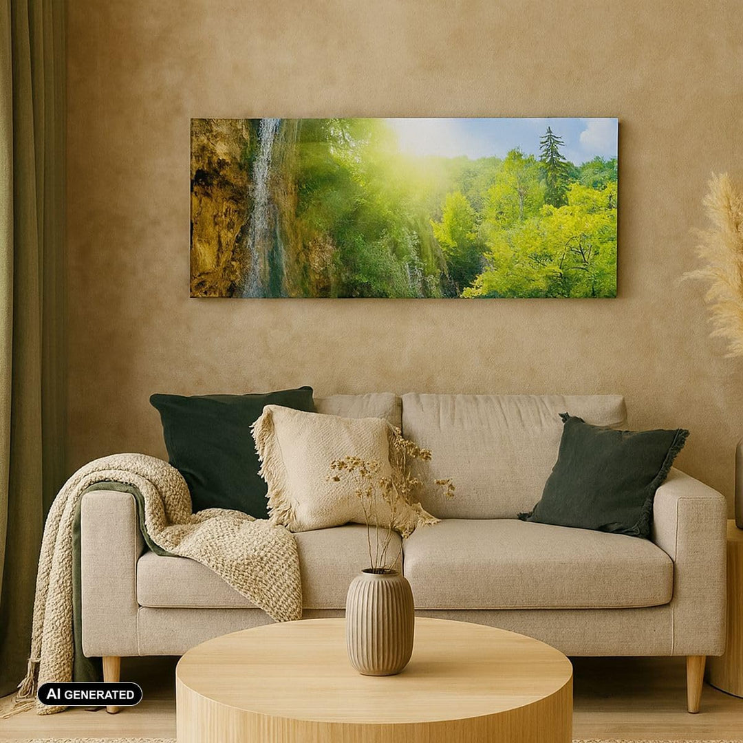 Wandbilder Dekoration Wohnzimmer Wasserfall Forrest Himmel Panorama Bilder auf Leinwand 120x50cm Lei