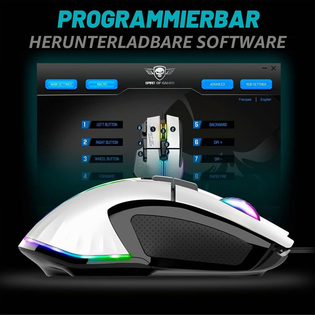 SPIRIT OF GAMER | Weiss Gaming Maus PC mit 12800 DPI | RGB Maus mit 8 Programmierbaren Tasten darunt