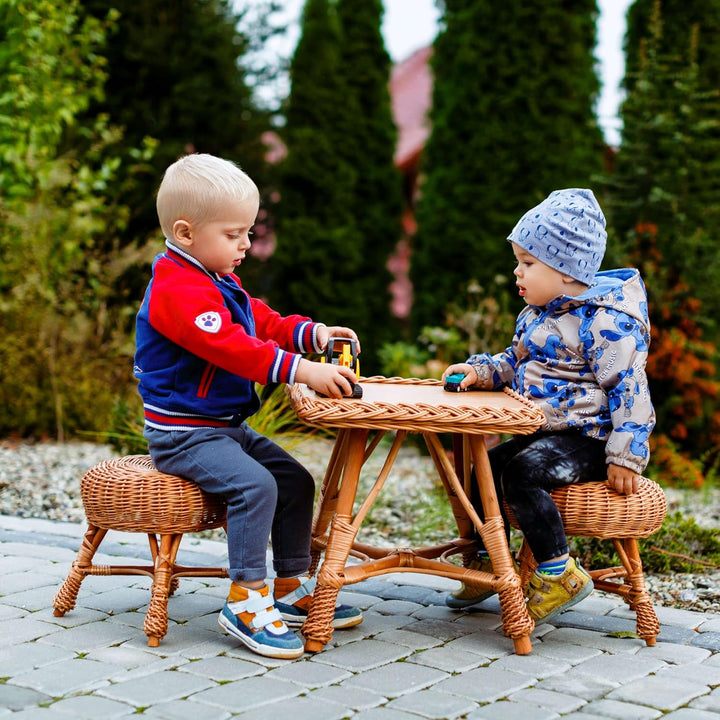 BOGATECO Ökologisches Kinder-Weidenmöbelset: Tisch und 2 Hocker, Robust und Sicher, Ideal für Haus u