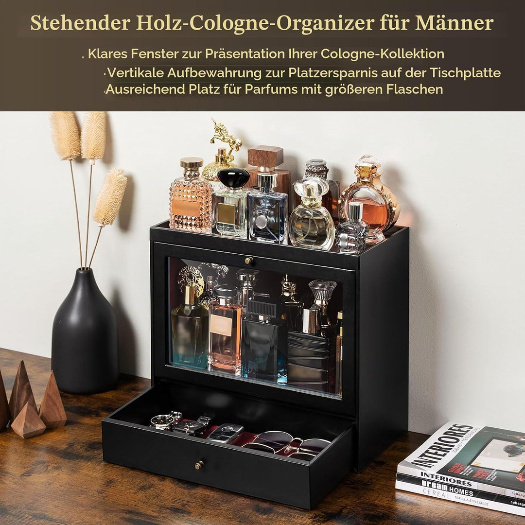 Parfüm Organizer, Leder Herren Parfüm Ständer mit Schublade, Parfüm Regal mit Transparent Sichtbarer