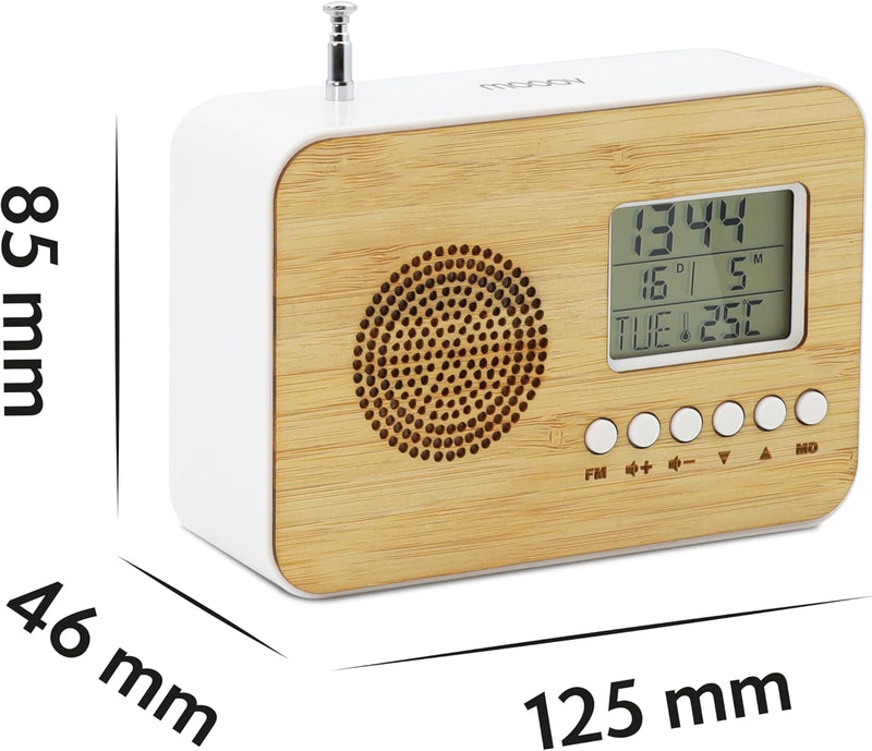 Mooov 477320 Reisewecker Bamboo, LCD-Display, integriertes Radio, Sleep-Funktion, Innentemperaturanz