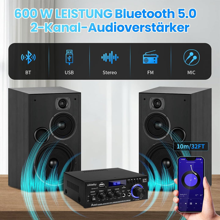 HiFi-Verstärker AK45 Mini Bluetooth Stereo-Audioverstärker Receiver 12V/ 220V 400W 2 Kanäle Digitale