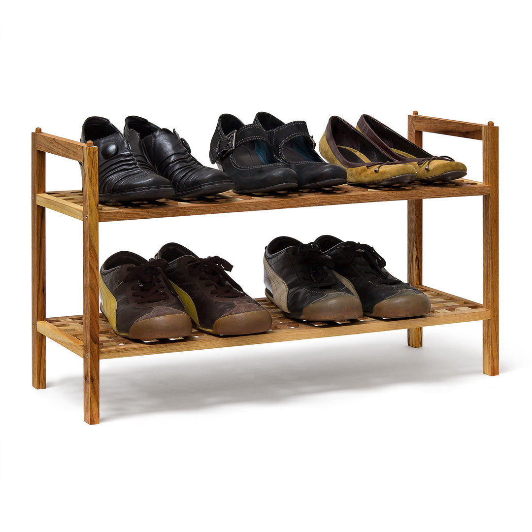 Relaxdays 4 x Schuhregal Walnuss im Set, Schuhaufbewahrung stapelbar, Schuhablage mit je 2 Etagen, o