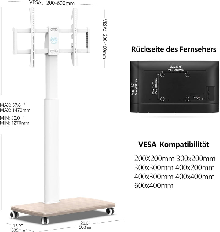 FITUEYES TV Bodenständer Rollbar mit Holzablage TV Standfuss TV Ständer Fernsehstand mit Rollen höhe
