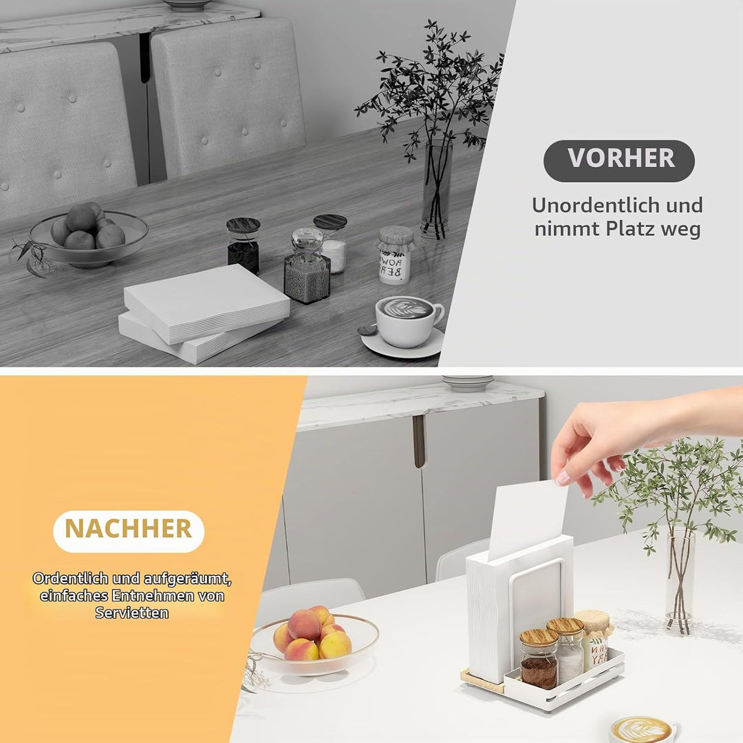 Serviettenhalter Weiss,Serviettenhalter aus Metall &amp; Holz Serviettenspender mit Caddy für Tisch Küch