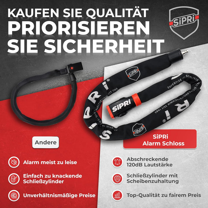 SIPRI® Fahrradschloss mit Alarm 120 dB | Kettenschloss Fahrradschloss hohe Sicherheit für E-Bike, E-