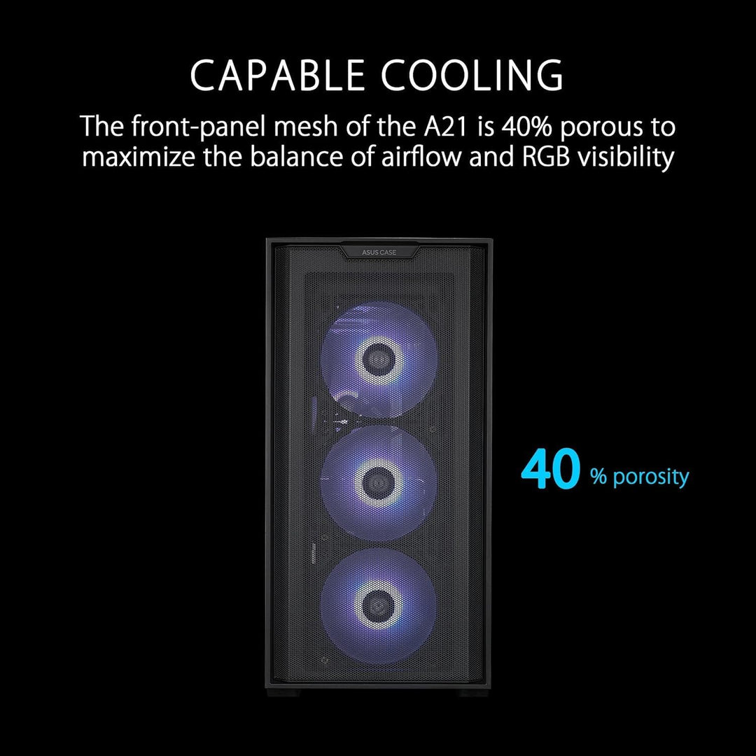 ASUS A21 Micro-ATX Gaming Gehäuse Black (kompatibel mit 360 mm Radiatoren, 380 mm Grafikkarten, Fron