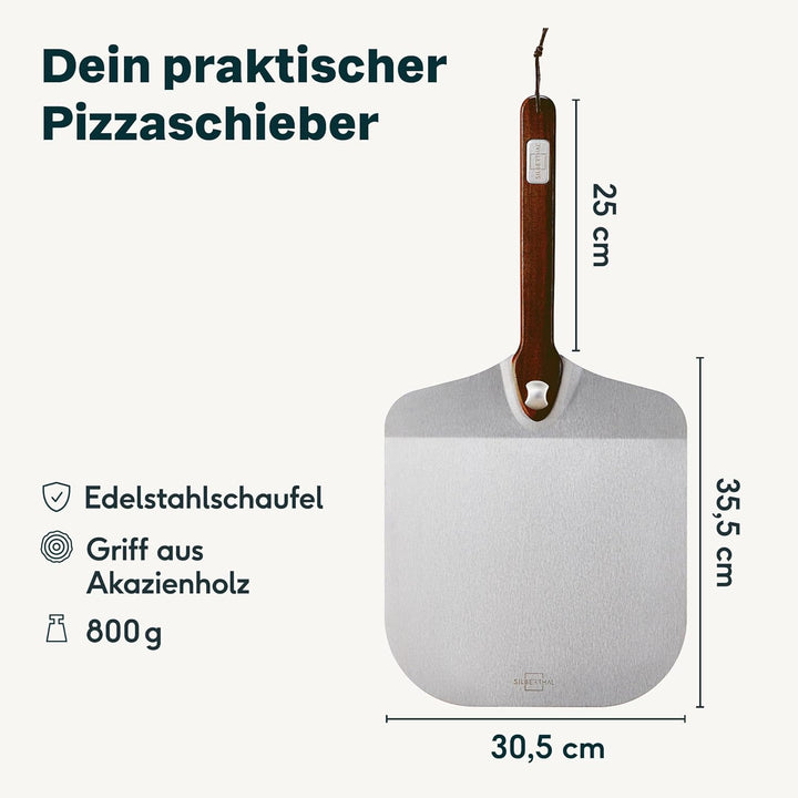 SILBERTHAL Pizzaschieber Edelstahl Ø30cm - Griff aus Akazienholz - Profi Pizzaschaufel faltbar - Spü