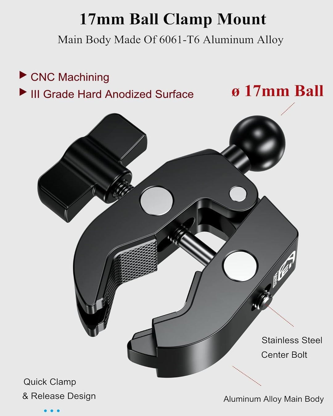 BRCOVAN Aluminiumlegierung Lenkerklemmbasis mit 17mm TPU Kugel für Schienen mit Einem Durchmesser vo