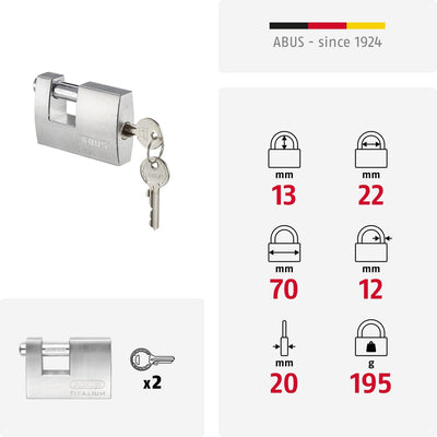 ABUS Titalium Vorhängeschloss 82TI/70 - Monoblock-Hangschloss für Rollgitter, Automaten, Container u