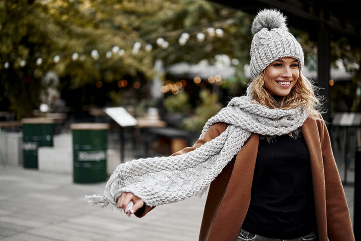 ELIMELI® Winter Mütze Damenmütze mit Fell-Bommel Fleece Innenfutter gefüttert - warme Damen Bommelmü