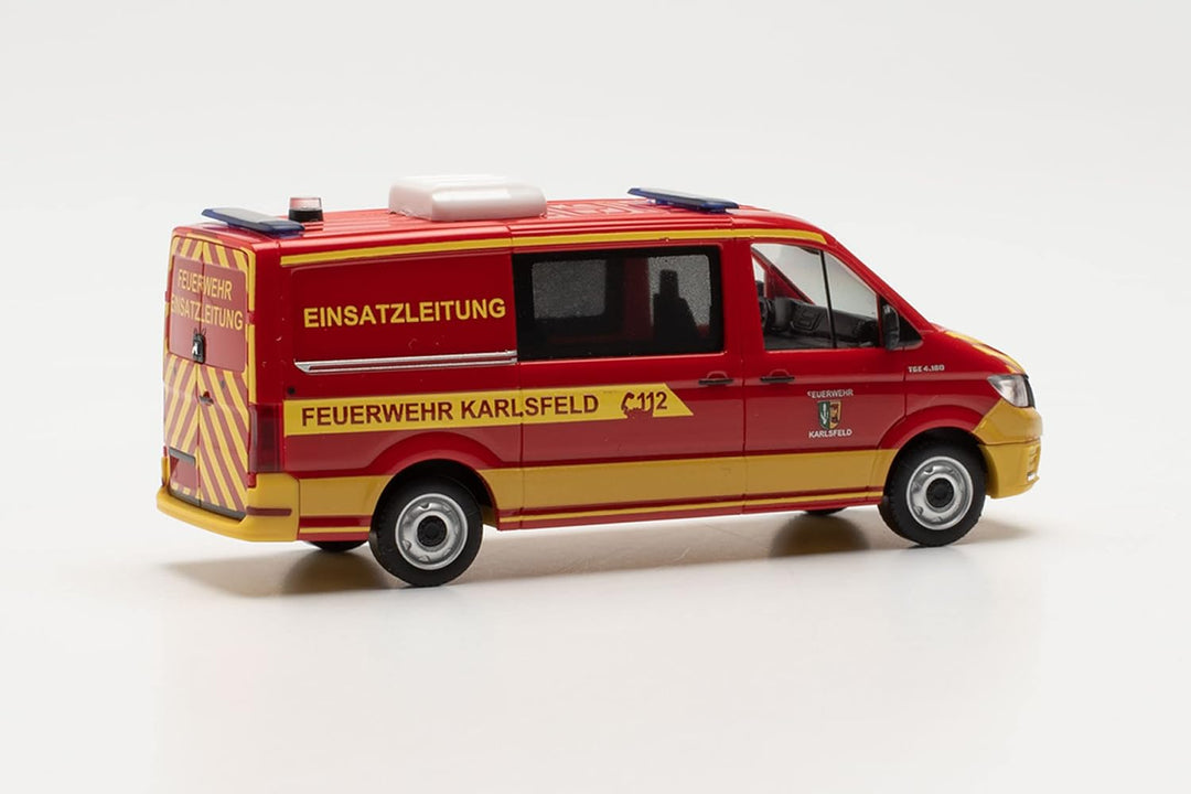 Herpa Feuerwehr Modellauto Man TGE Halbbus FD ELW „Feuerwehr Karlsfeld“, originalgetreu im Massstab