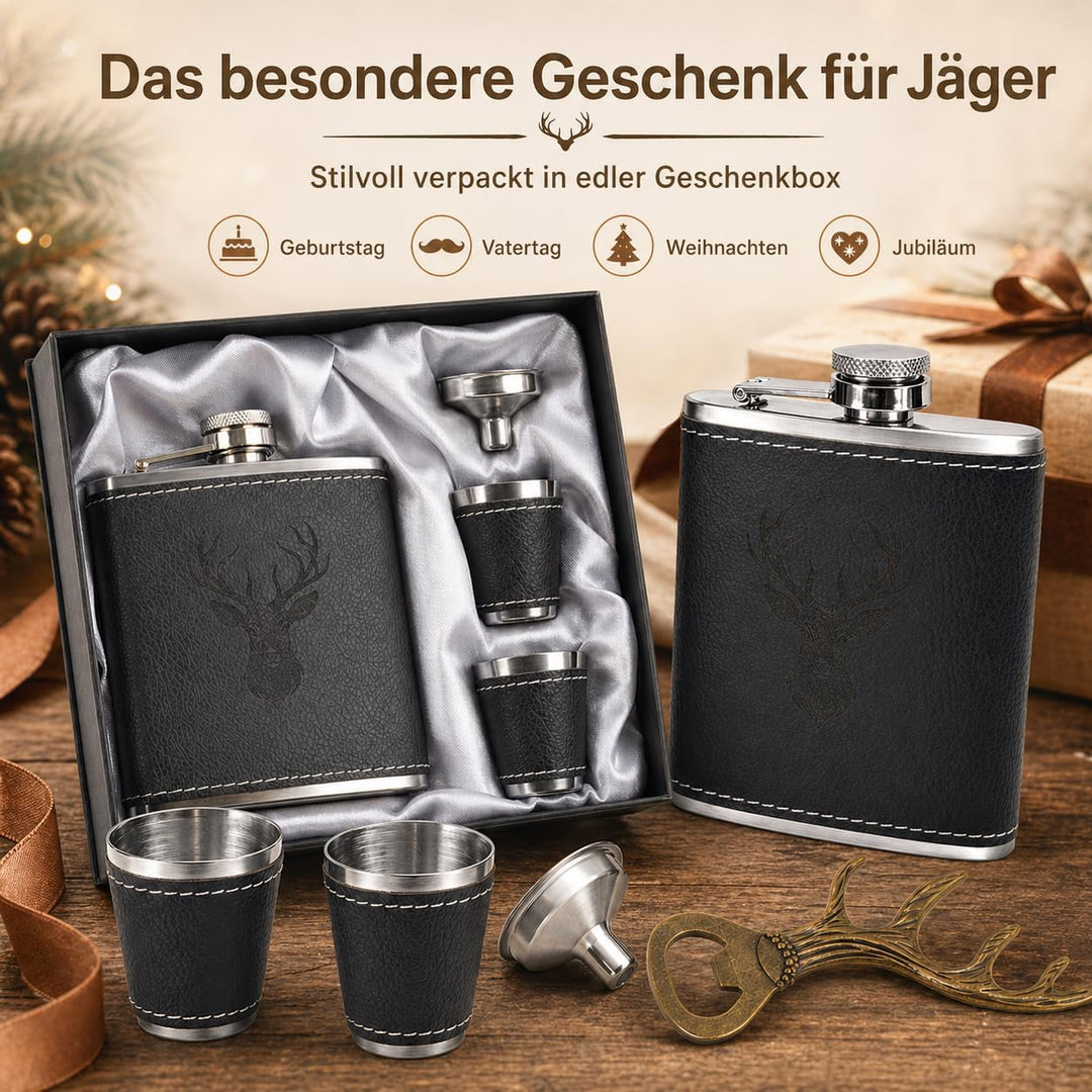 Jäger Geschenk Flachmann mit Hirsch Gravur - 6oz/180ml Edelstahl Flask Set in Geschenkbox mit 2x10ml